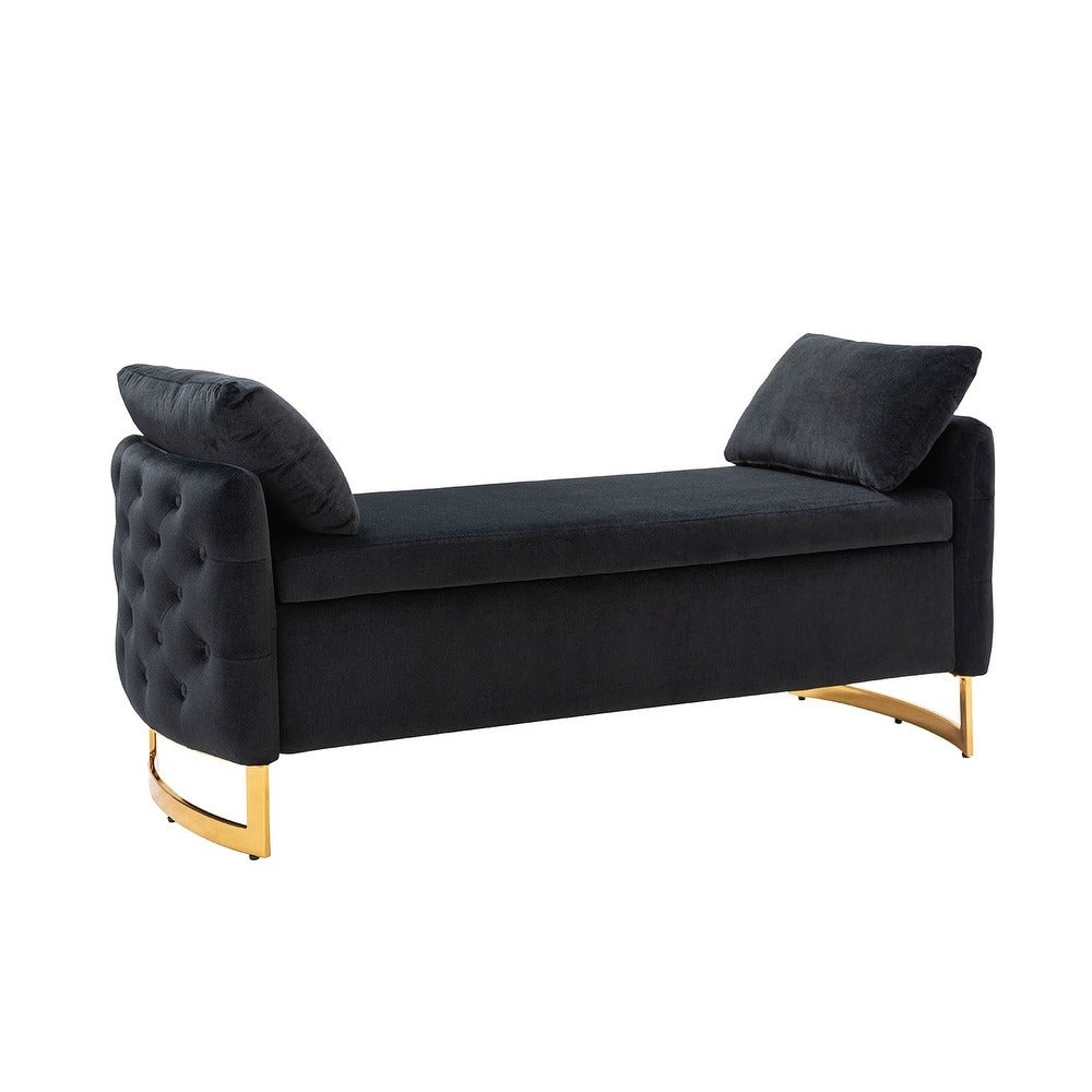 Modern Black Upholstered Storage Bench with Gold Legs