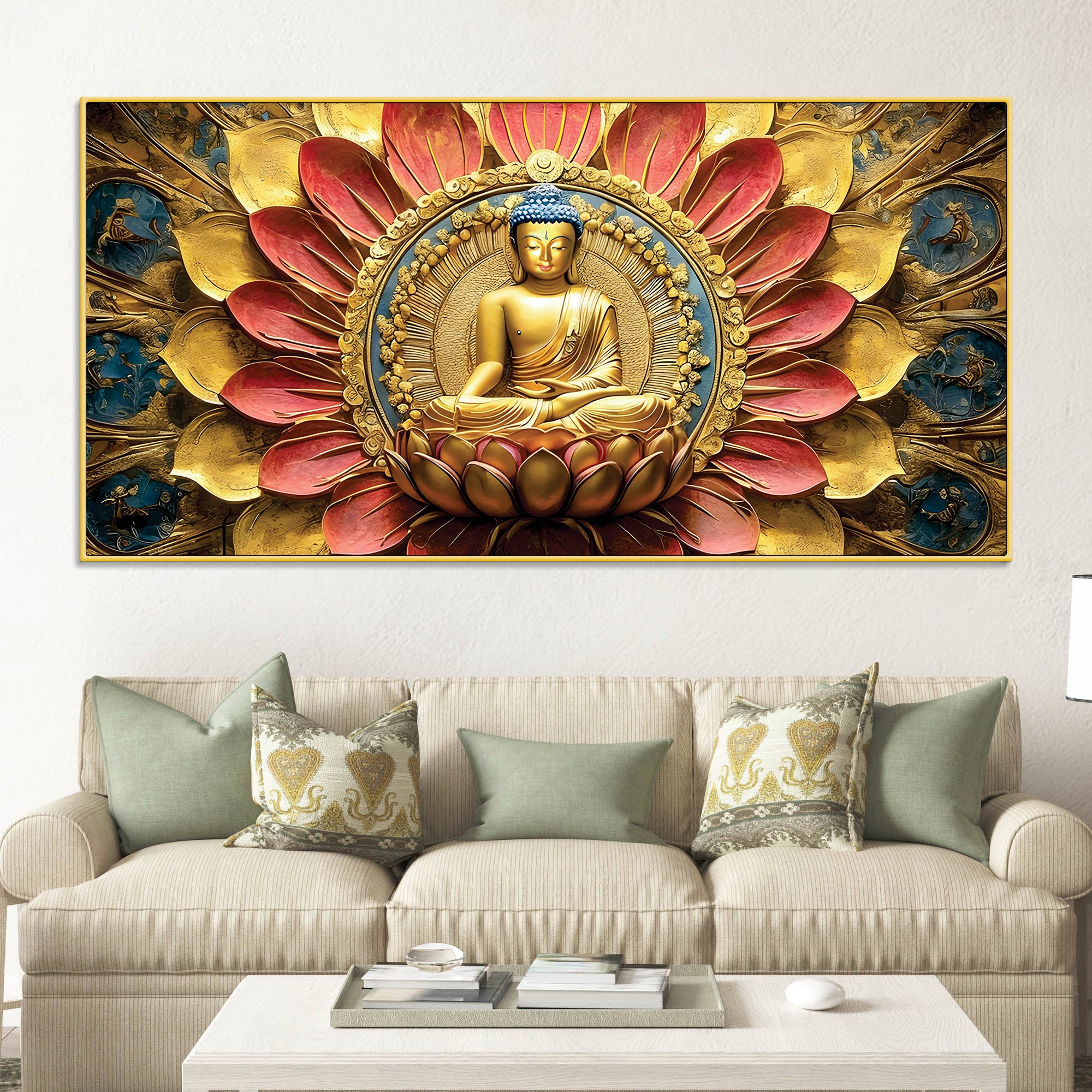 Modern Buddha Painting with Flowers – Spiritual Wall Art