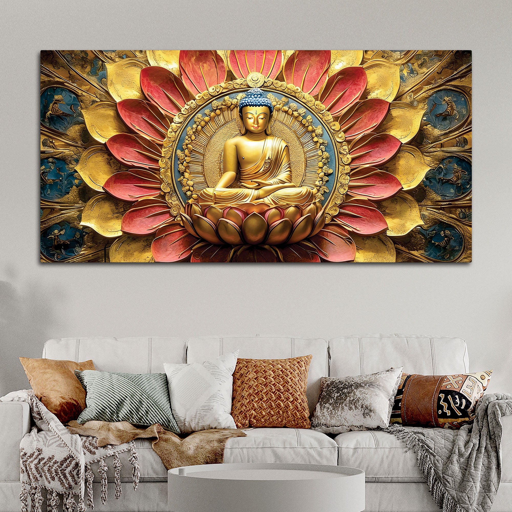 Modern Buddha Painting with Flowers – Spiritual Wall Art
