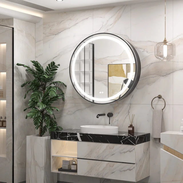 Modern Circular LED Bathroom Mirror with Hidden Cabinet