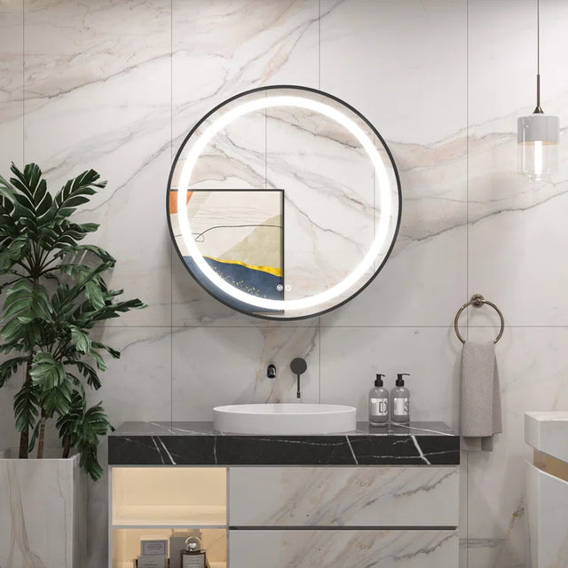 Modern Circular LED Bathroom Mirror with Hidden Cabinet