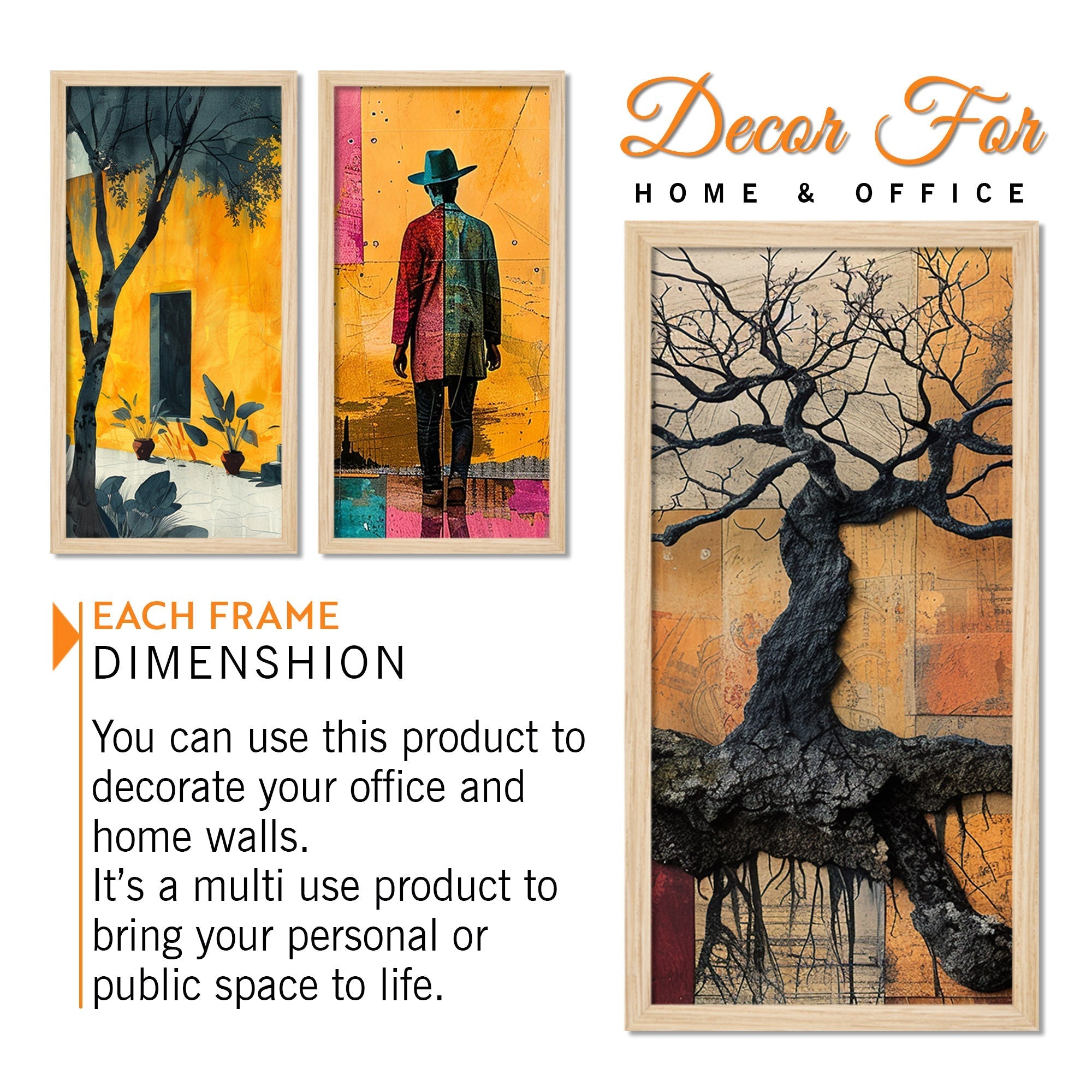 Modern Colorful Artistic Art Wooden Wall Frame Set of Three