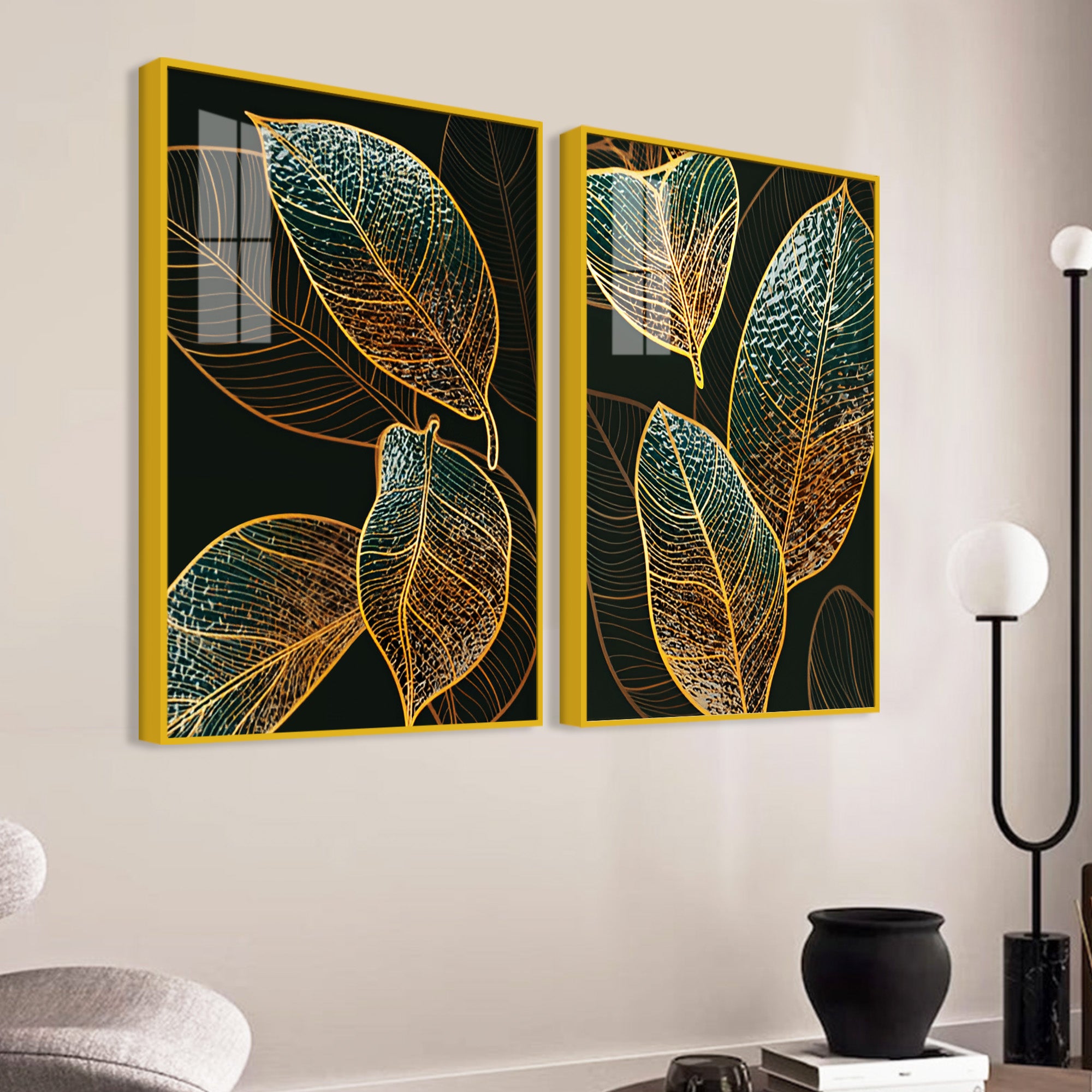 Modern Exquisite oak Leaves Art Acrylic Floating Wall Painting Set Of 2