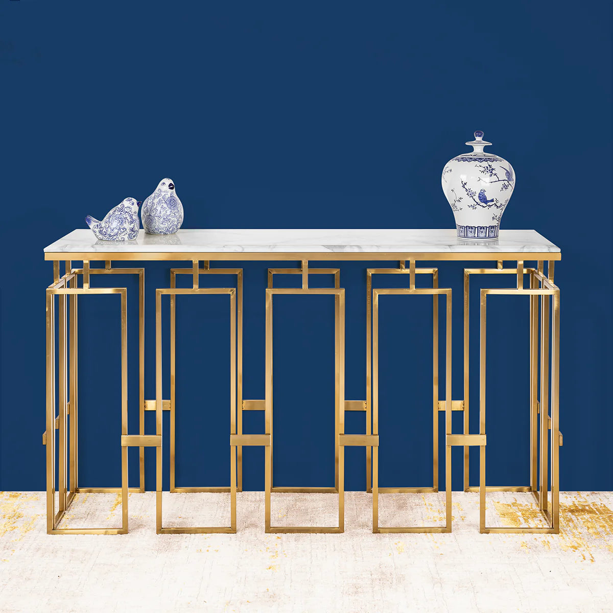 Modern Geometric Console Table with Abstract Golden Metal Finish