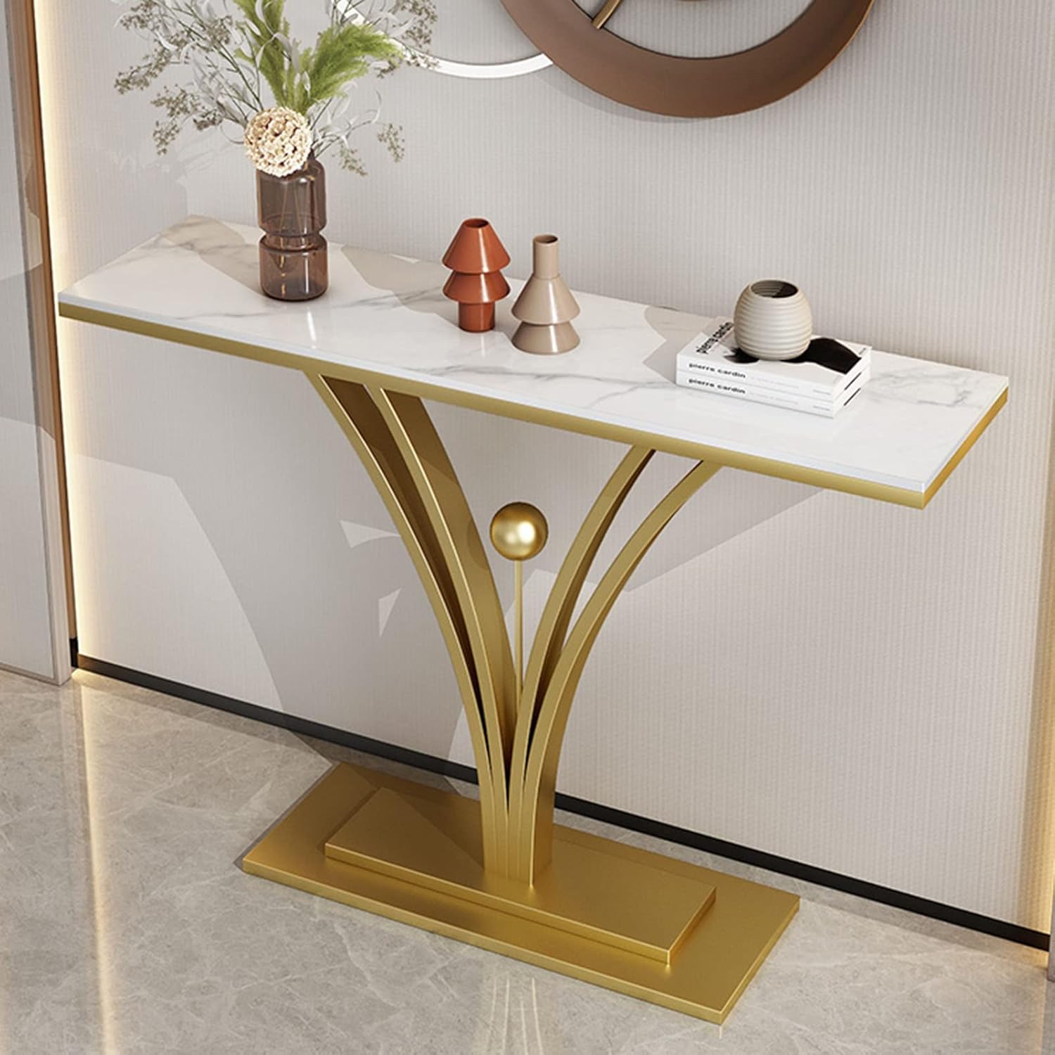 Modern Gold Base Console Table with Sleek White Marble Top