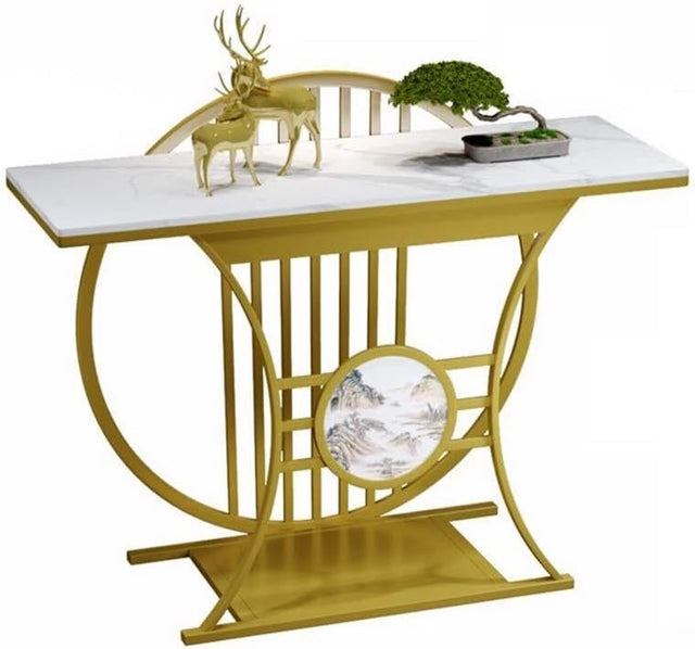 Modern Gold Console Table Featuring Circular Motif and Marble Surface