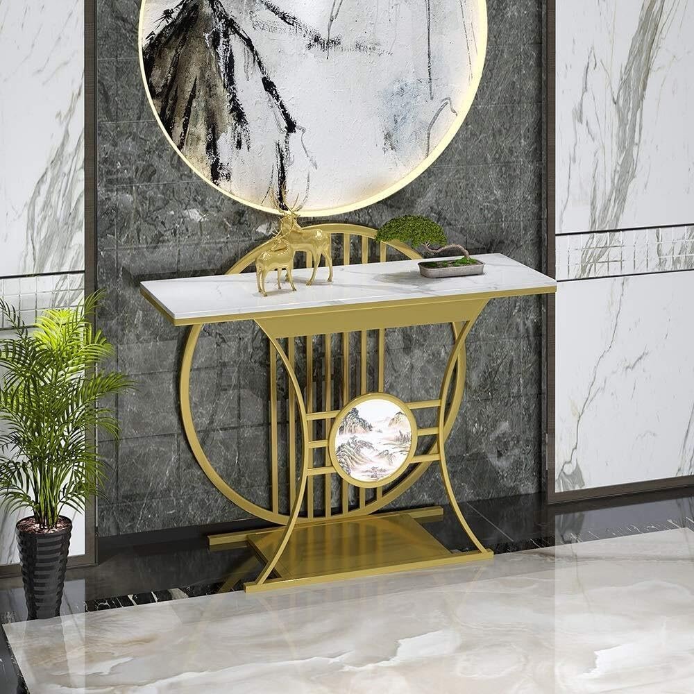 Modern Gold Console Table Featuring Circular Motif and Marble Surface