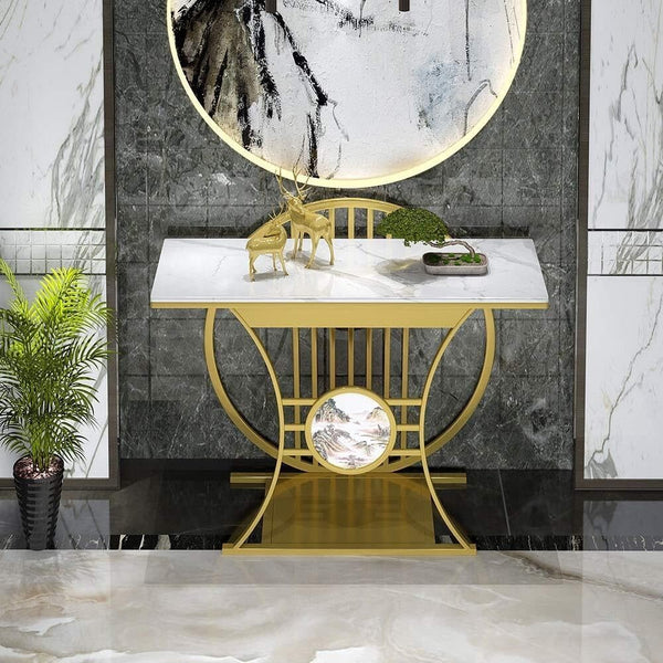 Modern Gold Console Table Featuring Circular Motif and Marble Surface