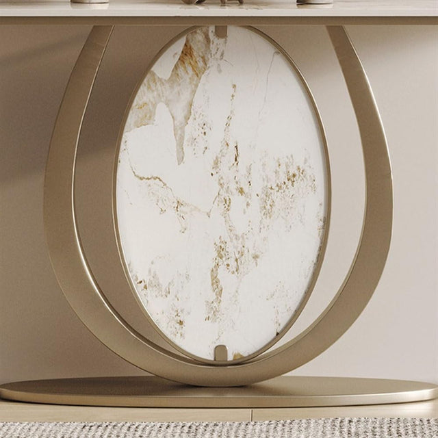 Modern Gold Console Table Featuring Oval Marble Inlay and Curved Design