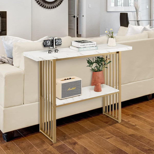 Modern Gold Frame Console Table with Marble Top and Lower Shelf