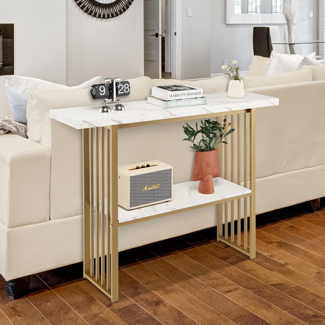 Modern Gold Frame Console Table with Marble Top and Lower Shelf