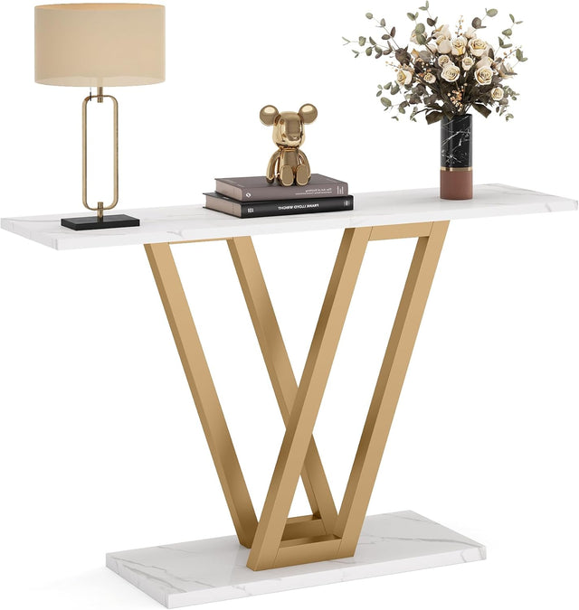 Modern Gold V-Shaped Base Console Table with White Marble Top