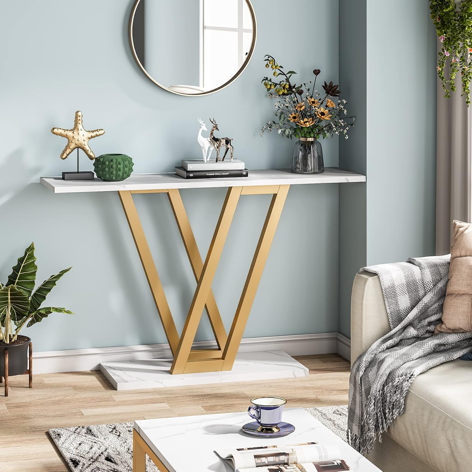 Modern Gold V-Shaped Base Console Table with White Marble Top