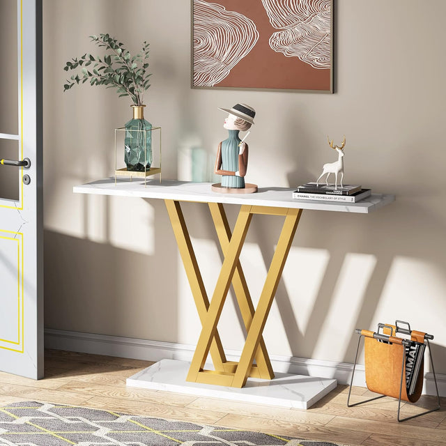 Modern Gold V-Shaped Base Console Table with White Marble Top