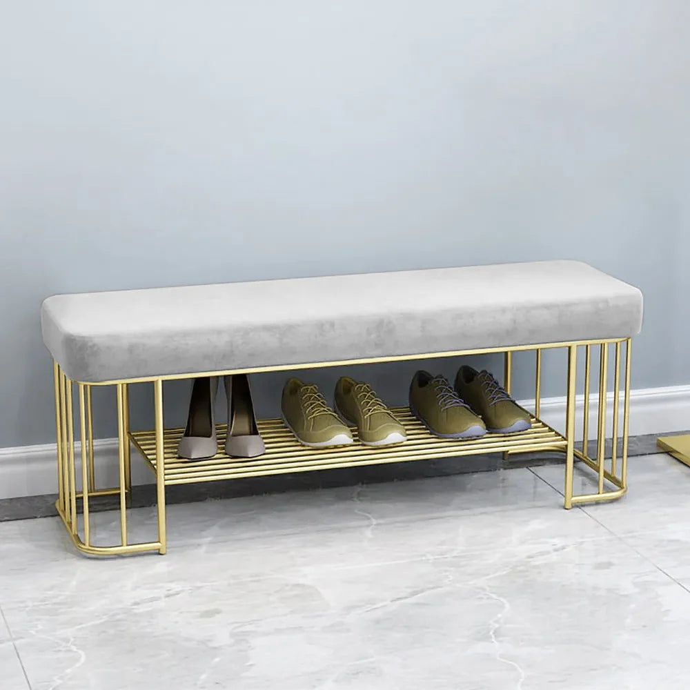 Modern Gray Velvet Upholstered Bench with Shoe Rack Storage