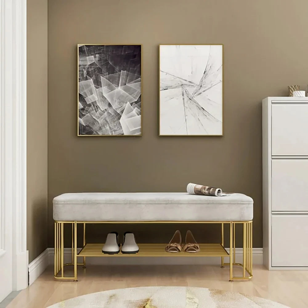 Modern Gray Velvet Upholstered Bench with Shoe Rack Storage