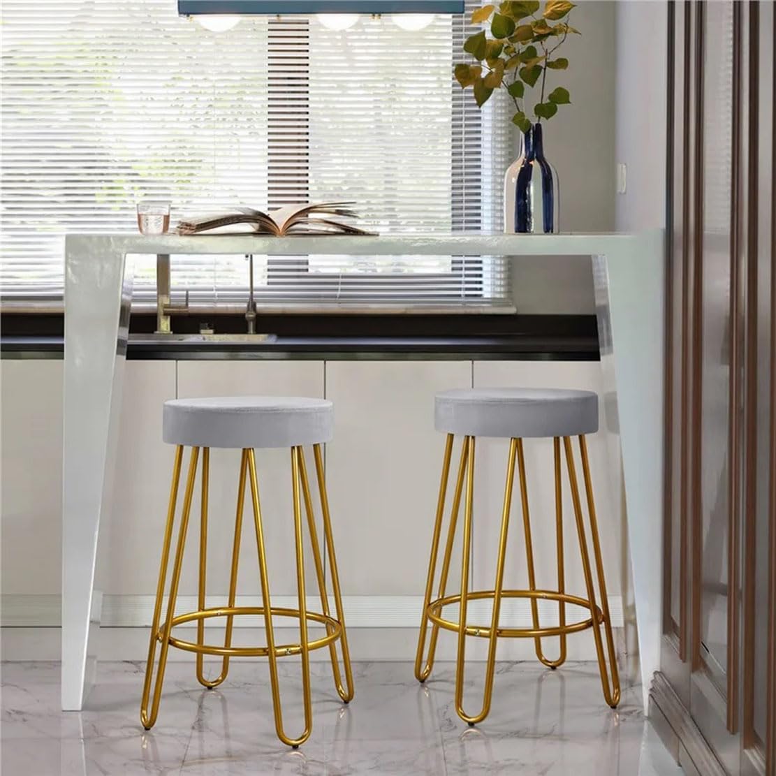 Modern Grey Velvet Bar Stools with Golden Base