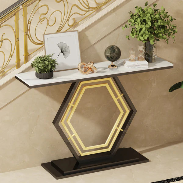 Modern Hexagon Console Table with Gold Inlay and Marble Top