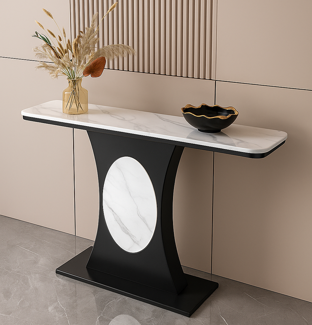 Modern Marble Console Table with Black Base and Circular Marble Accent
