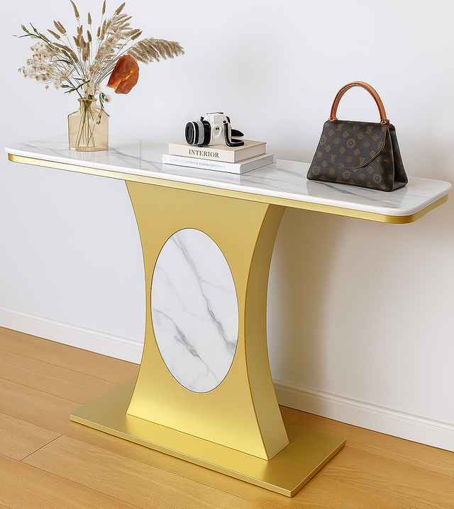 Modern Marble Console Table with Gold Base and Circular Marble Accent