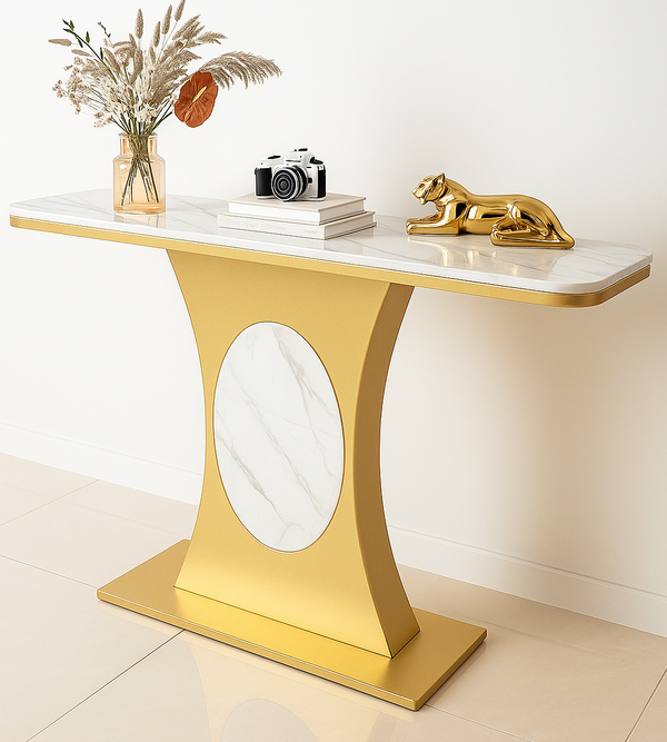 Modern Marble Console Table with Gold Base and Circular Marble Accent