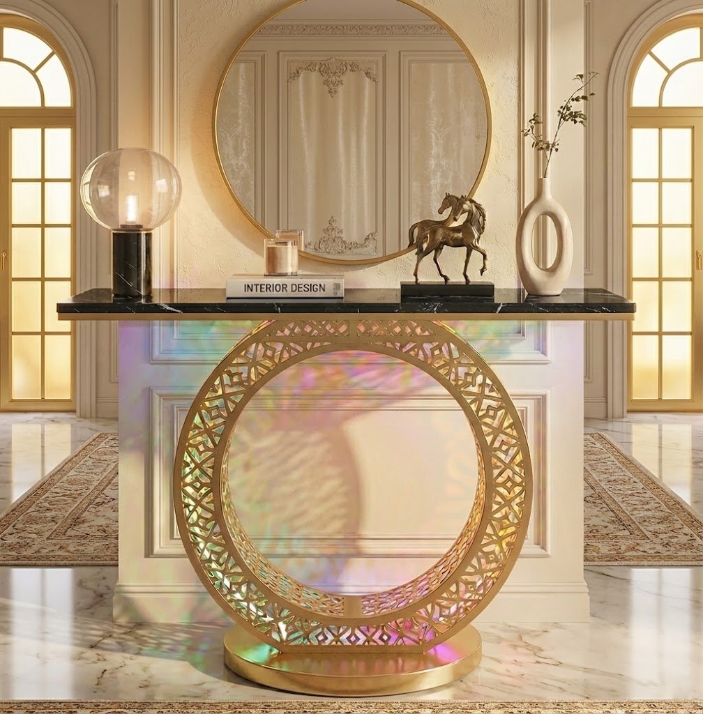 Modern Round LED Console Table in Gold | Entryway Furniture