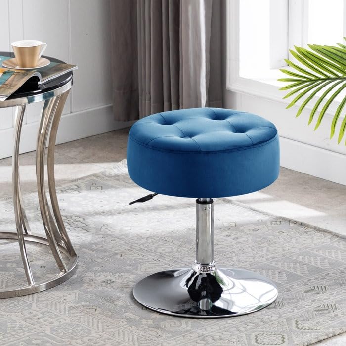 Modern Royal Blue Adjustable Vanity Stool with Tufted Cushion