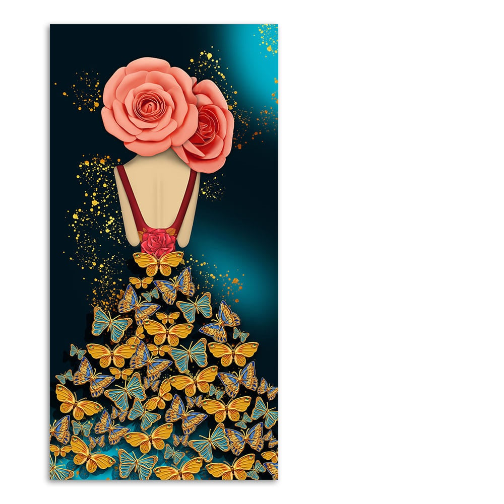 Modern Style Abstract Girl with Colorful Butterflies Premium Canvas Wall Painting