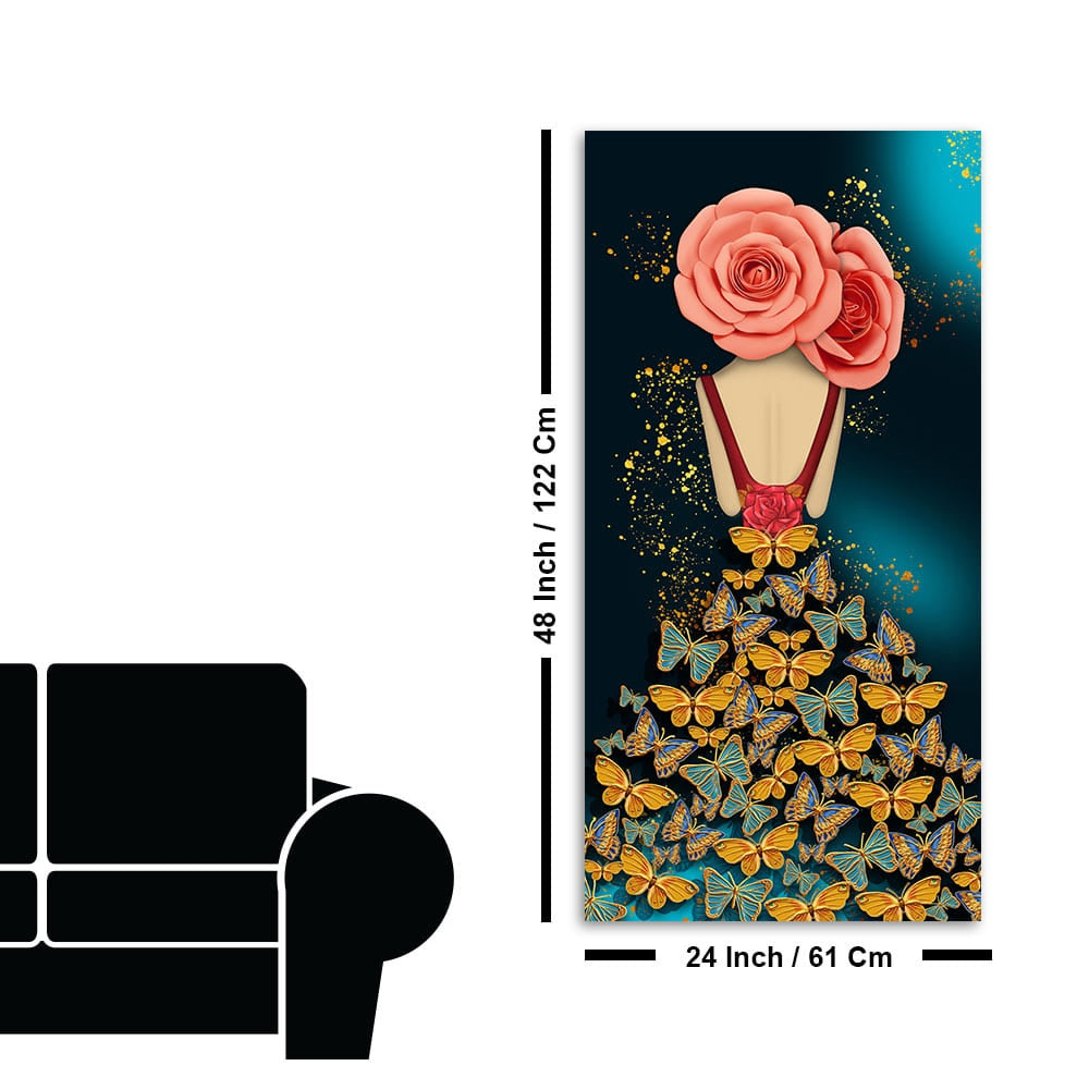 Modern Style Abstract Girl with Colorful Butterflies Premium Canvas Wall Painting