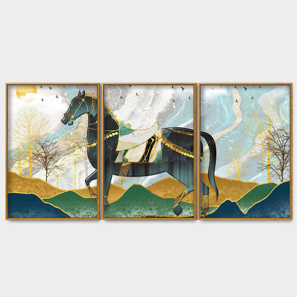 Modern Style Horse and Golden Colored Mountains Floating Canvas Wall Painting Set of Three