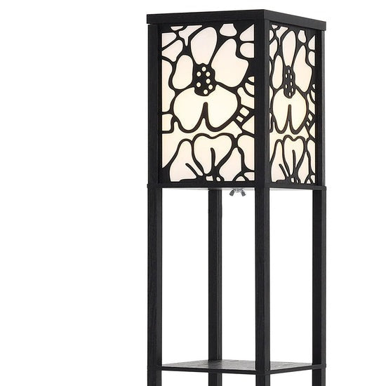 Modern Tower Lamp with Storage Shelves and Floral Shade