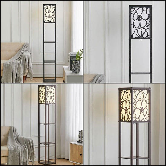 Modern Tower Lamp with Storage Shelves and Floral Shade