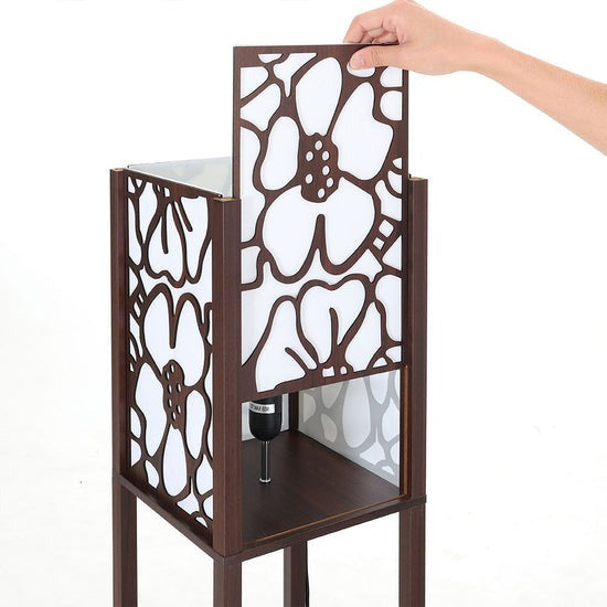 Modern Tower Lamp with Storage Shelves and Floral Shade
