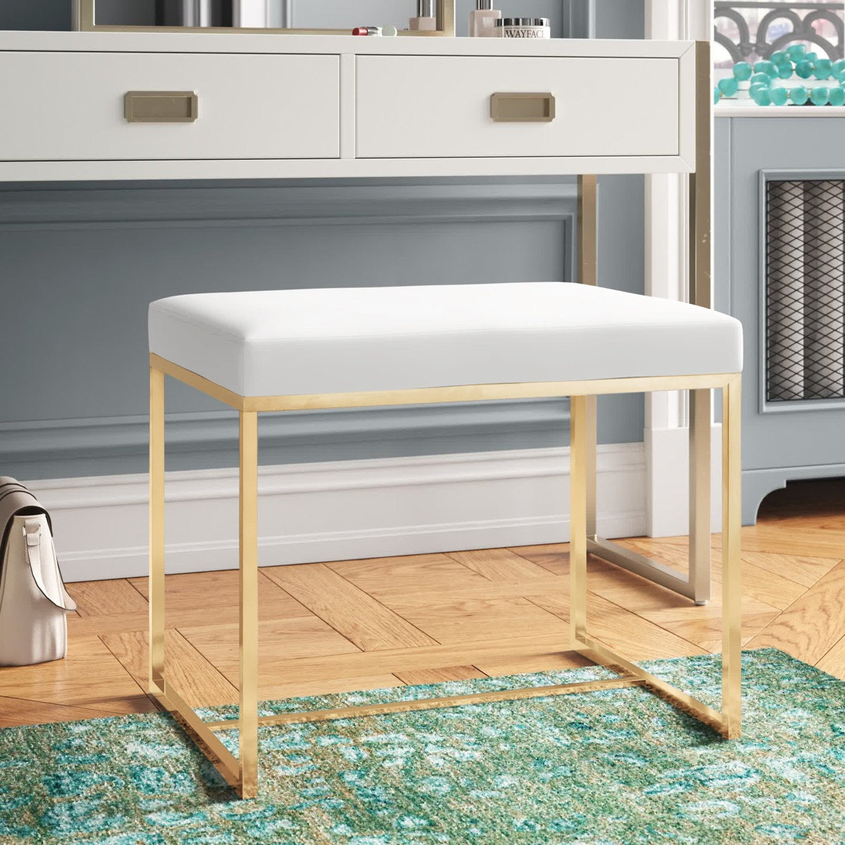 Modern Upholstered Stool with Durable Metal Golden Frame