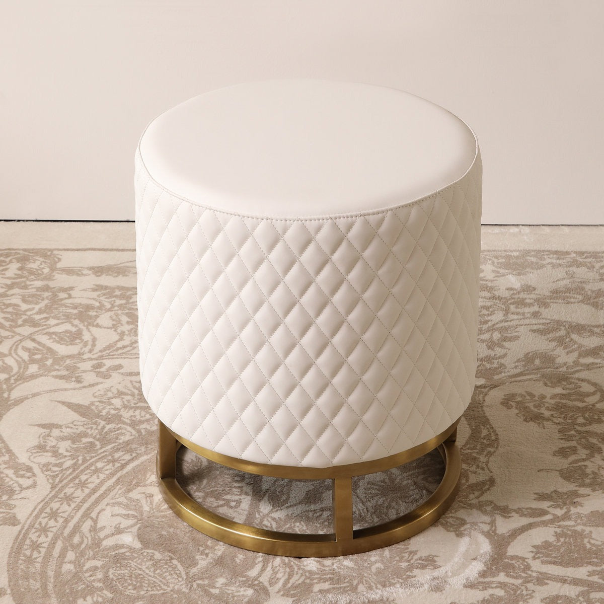 Modern White Accent Stool with Brass Golden Finish Metal Frame