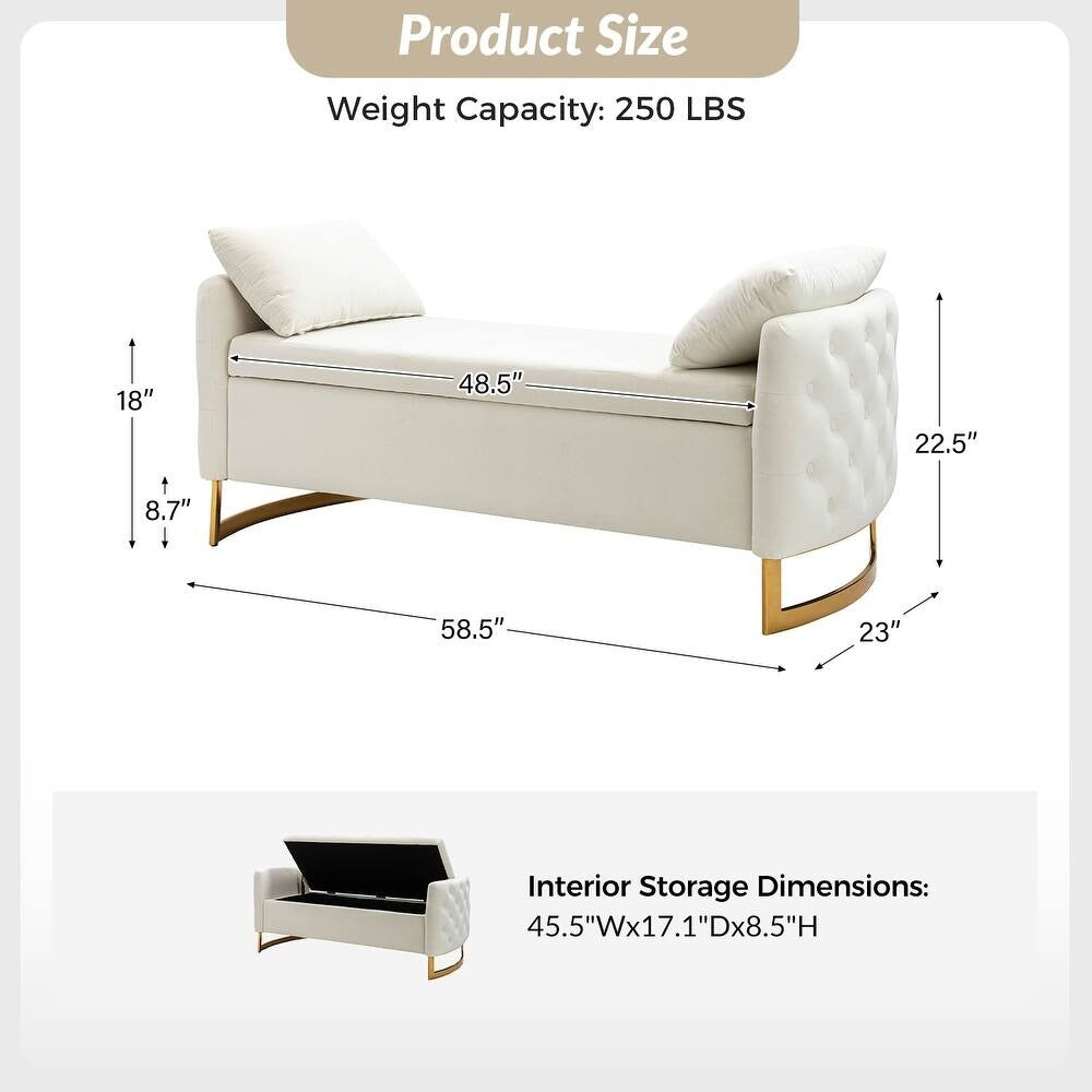 Modern White Upholstered Storage Bench with Gold Legs