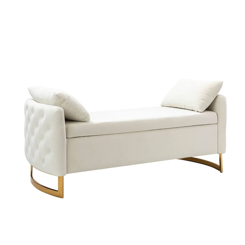 Modern White Upholstered Storage Bench with Gold Legs