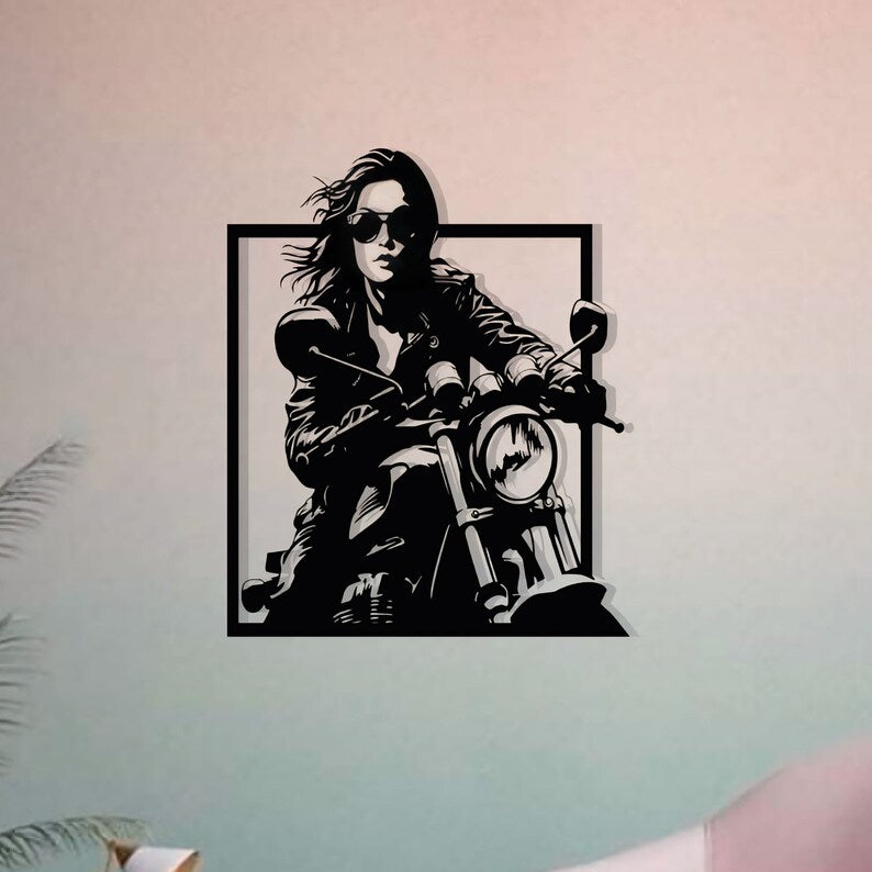 Modern Woman Biker Metal Wall Art for Interior Styling