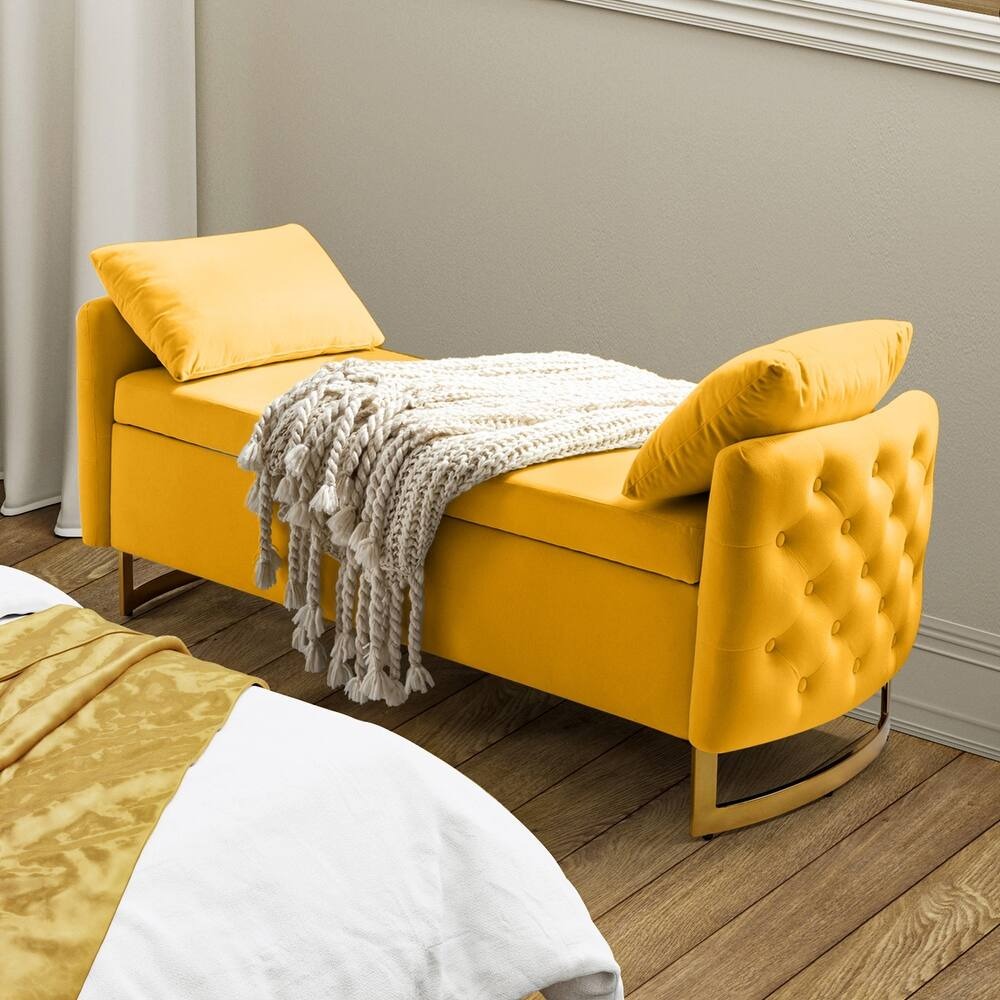 Modern Yellow Upholstered Storage Bench with Gold Legs