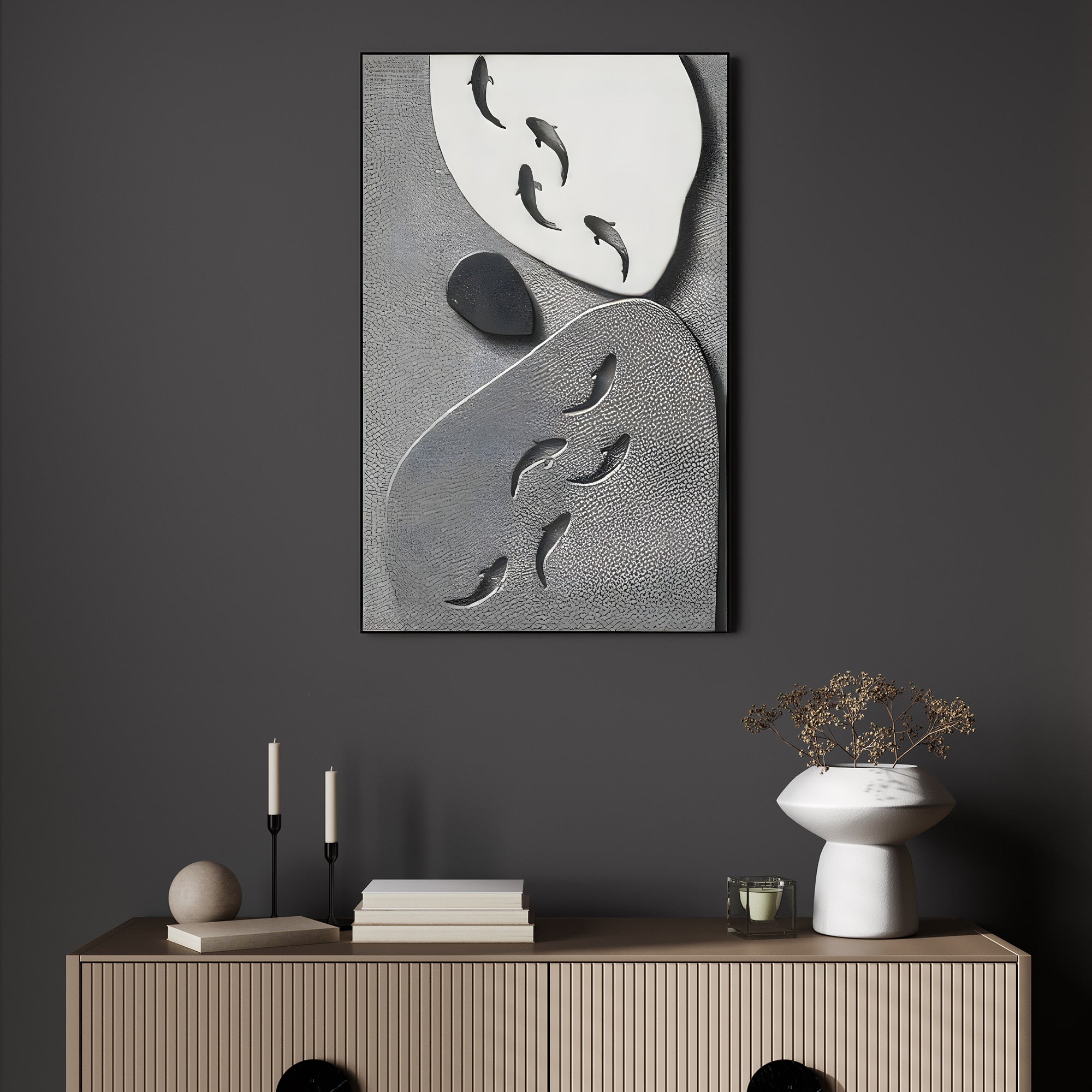 Monochrome Serenity Sculpted Koi 3D Wall Art Home Decor