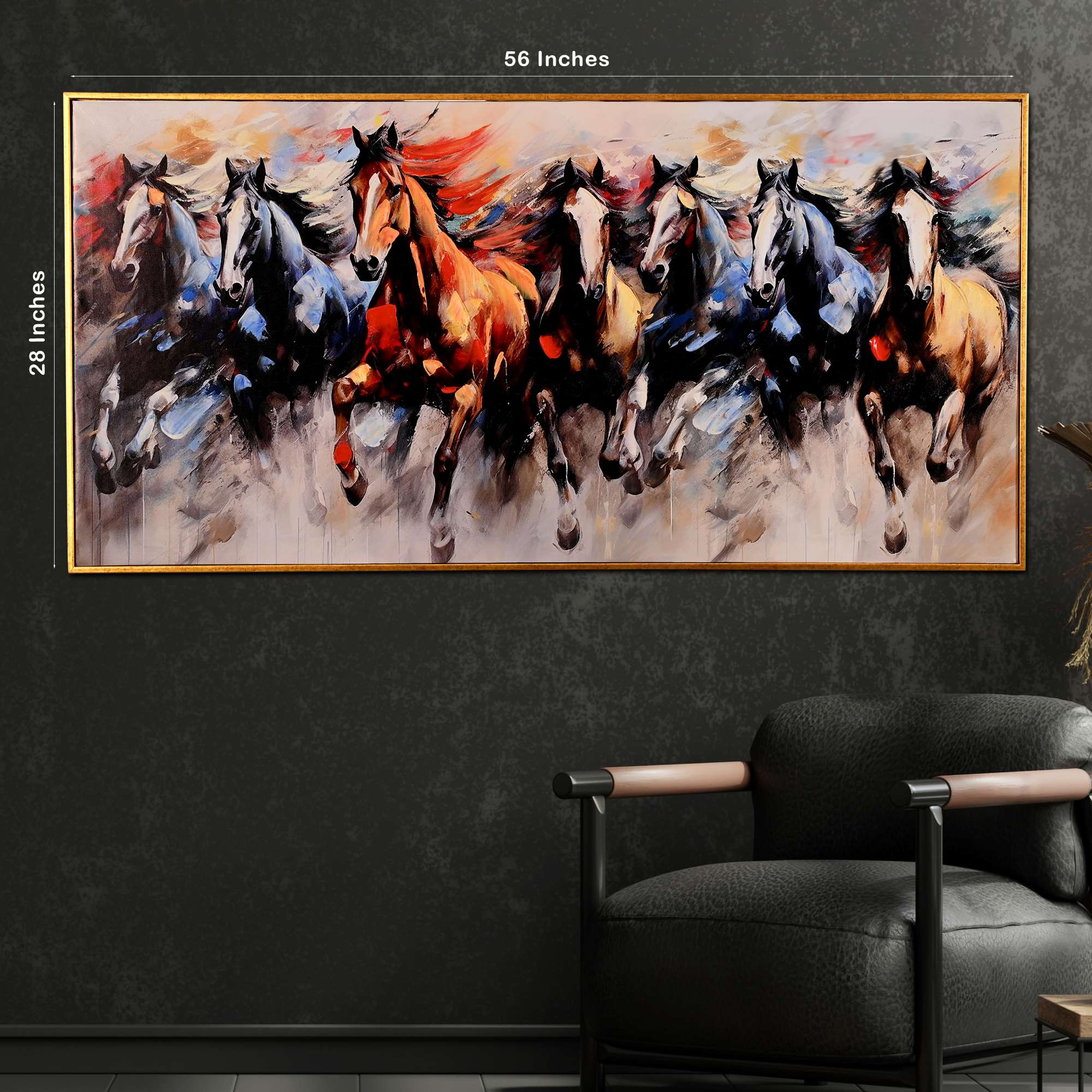 Morning Seven Running Horses Hand Painted Wall Painting with Floating Frame
