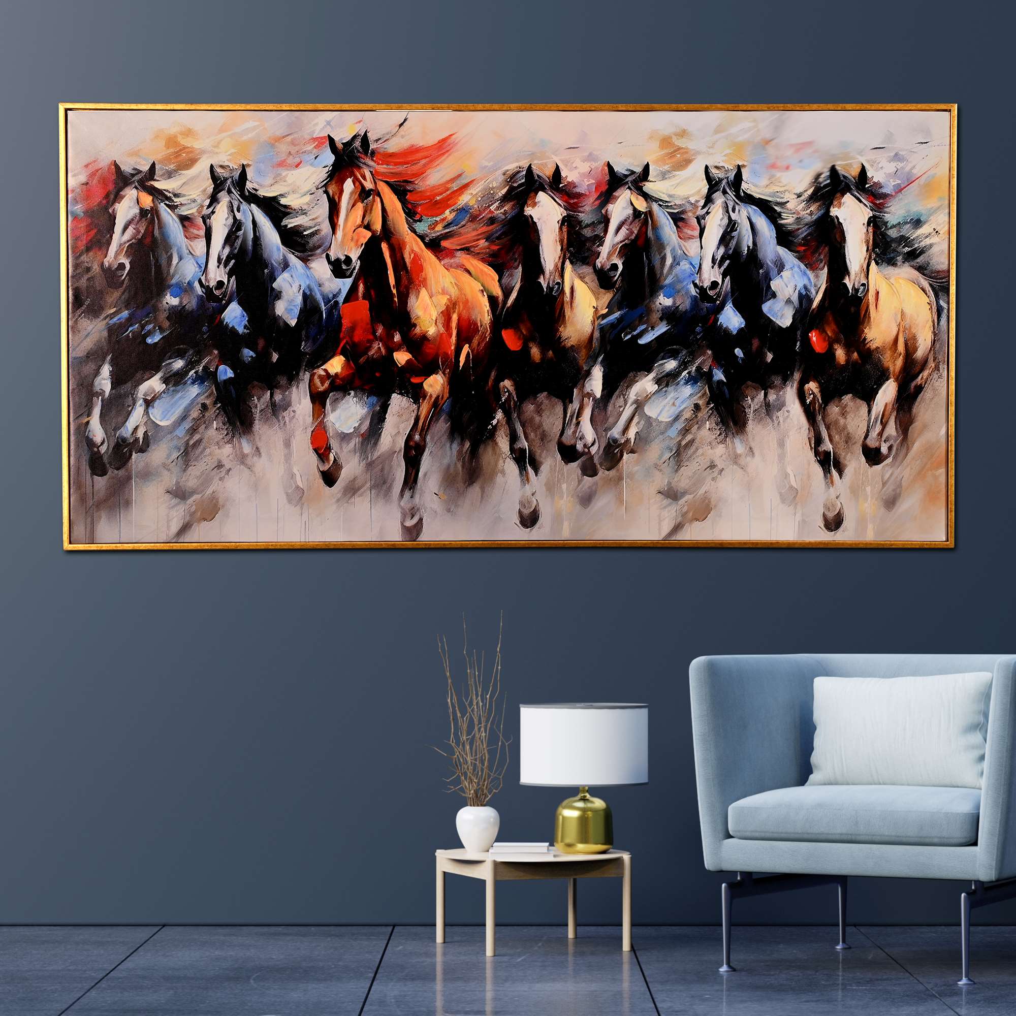 Morning Seven Running Horses Hand Painted Wall Painting with Floating Frame