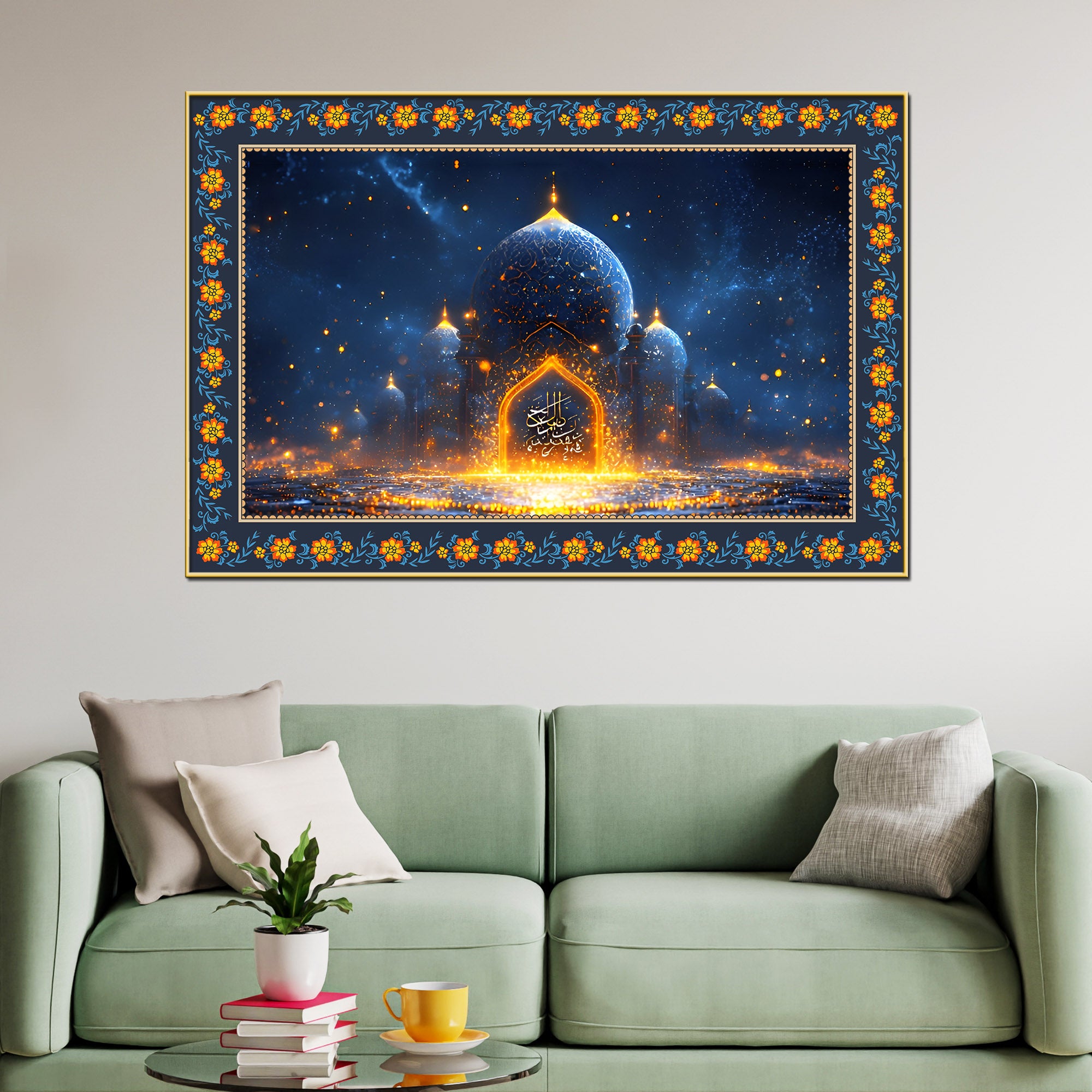Mosque Night View from Arch Arabic Floral Border Canvas Wall Painting