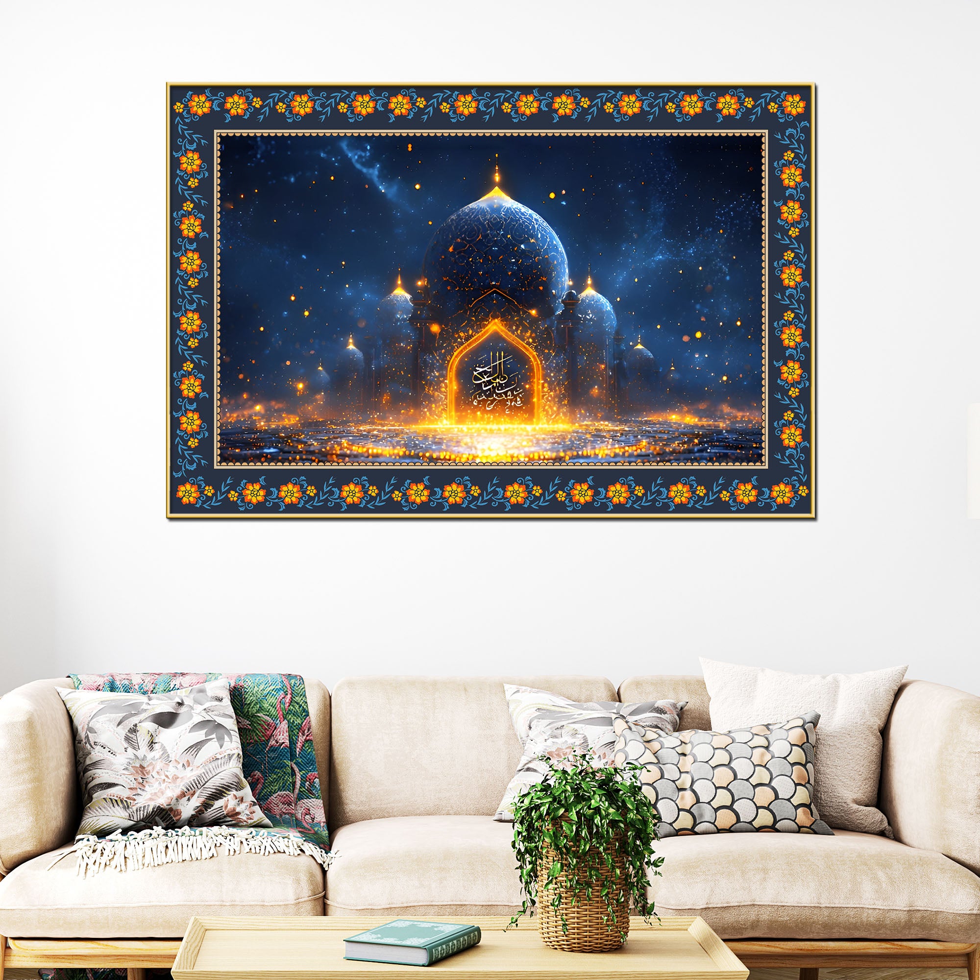 Mosque Night View from Arch Arabic Floral Border Canvas Wall Painting
