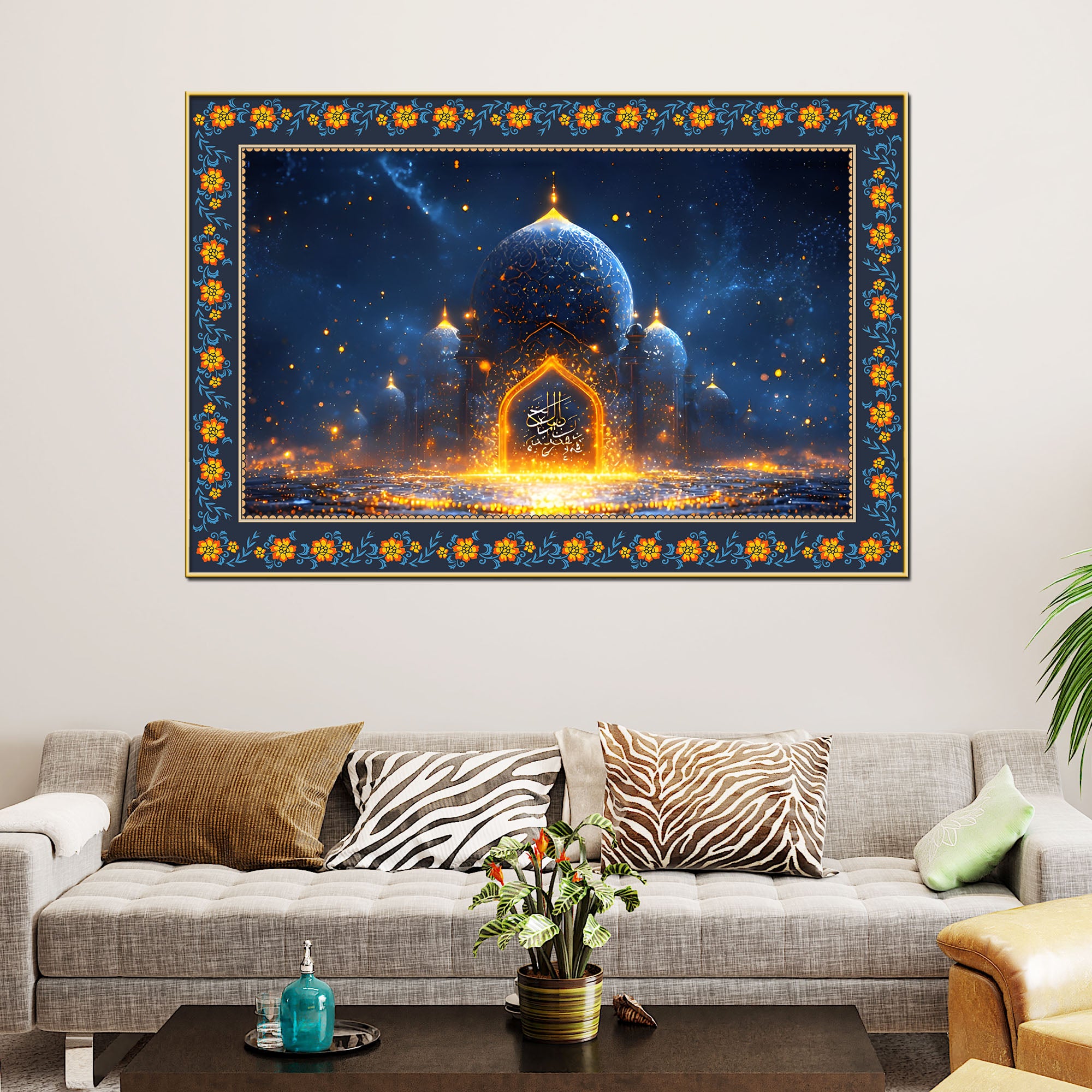 Mosque Night View from Arch Arabic Floral Border Canvas Wall Painting