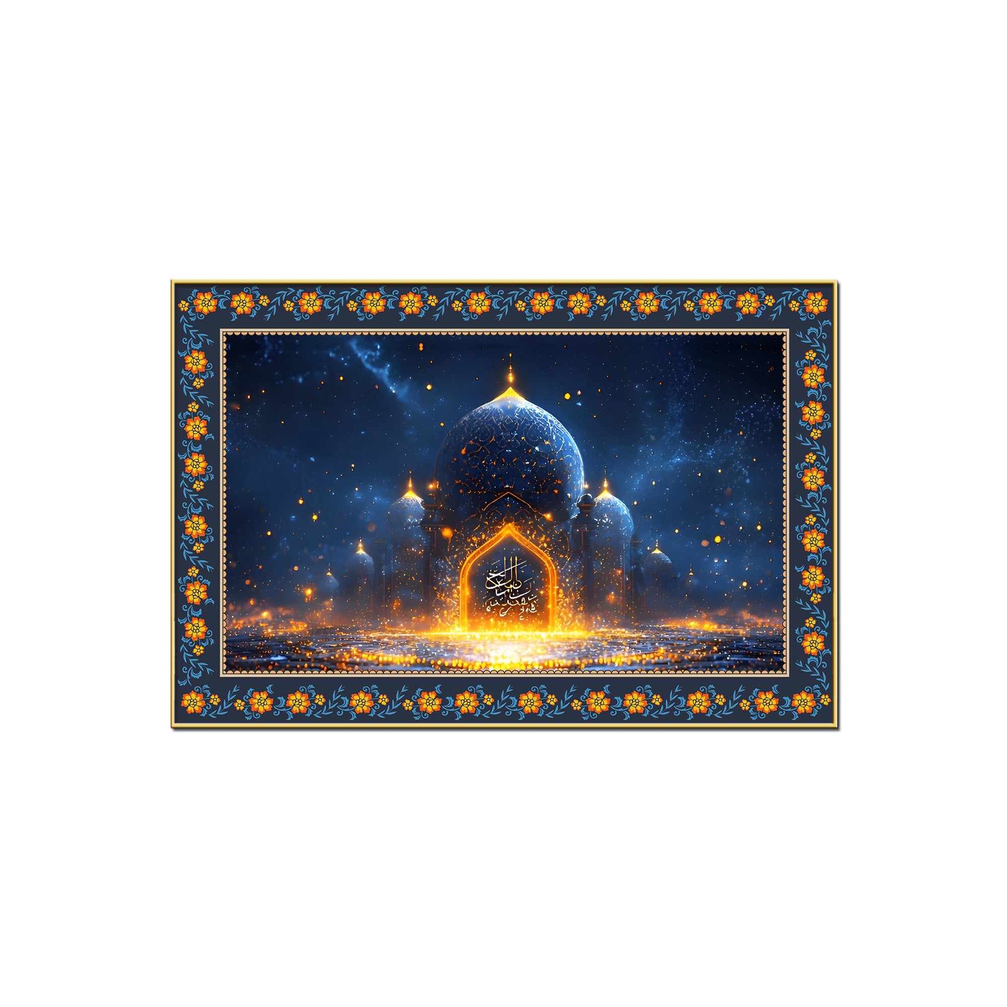 Mosque Night View from Arch Arabic Floral Border Canvas Wall Painting