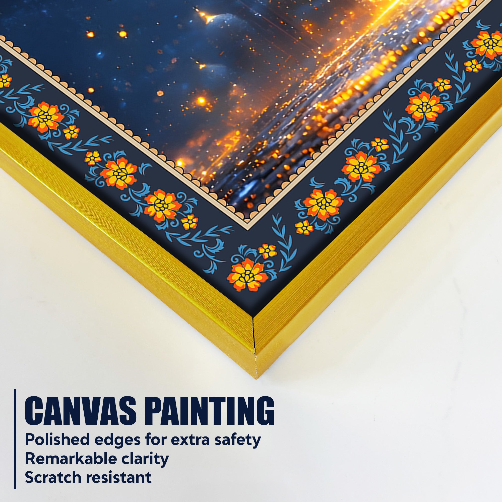 Mosque Night View from Arch Arabic Floral Border Canvas Wall Painting