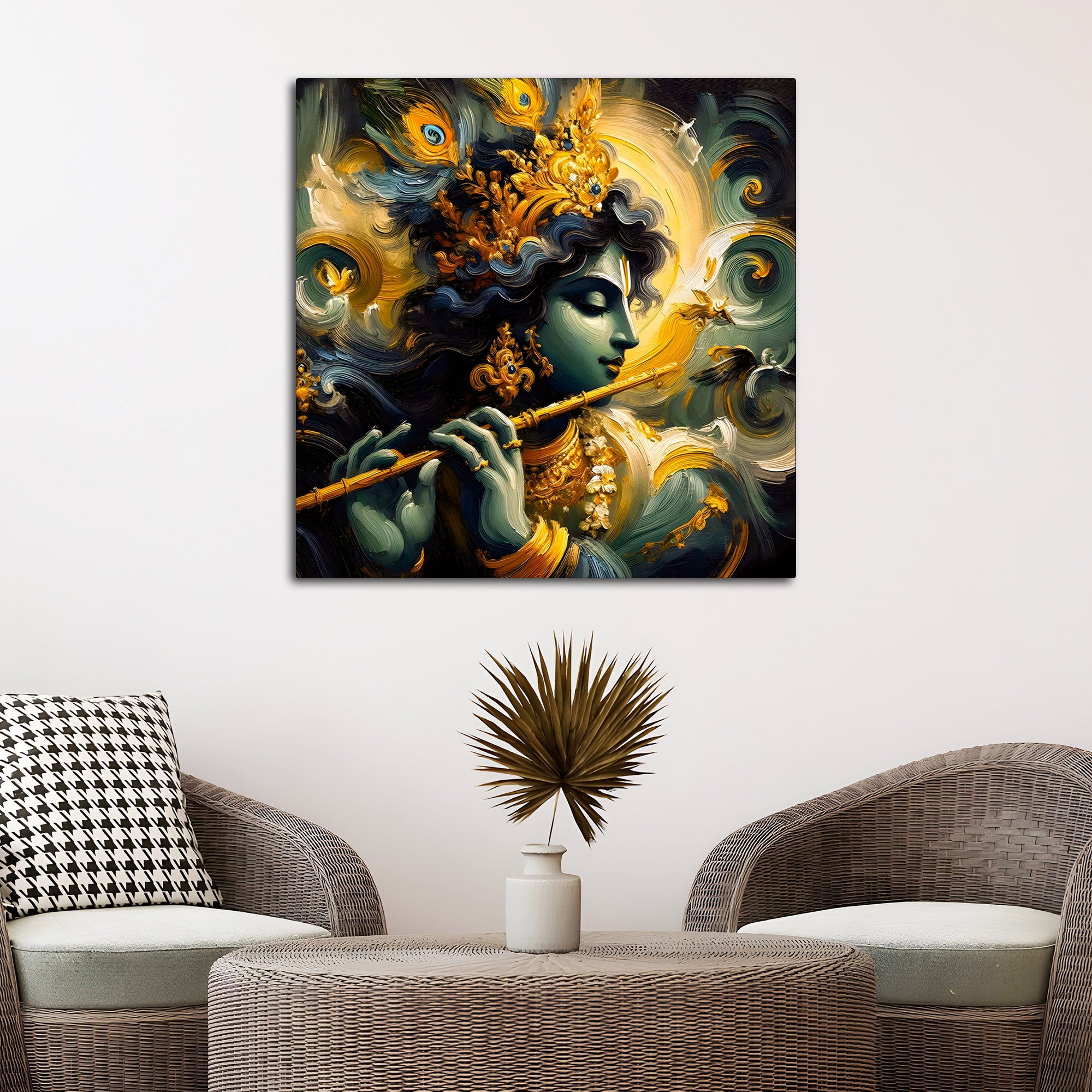 Mystic Shri Krishna Flute Theme Abstract Canvas Wall Painting