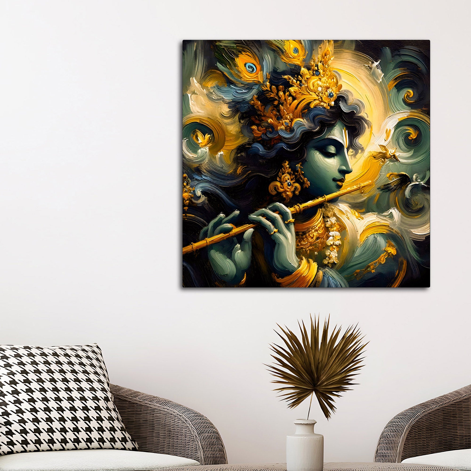 Mystic Shri Krishna Flute Theme Abstract Canvas Wall Painting