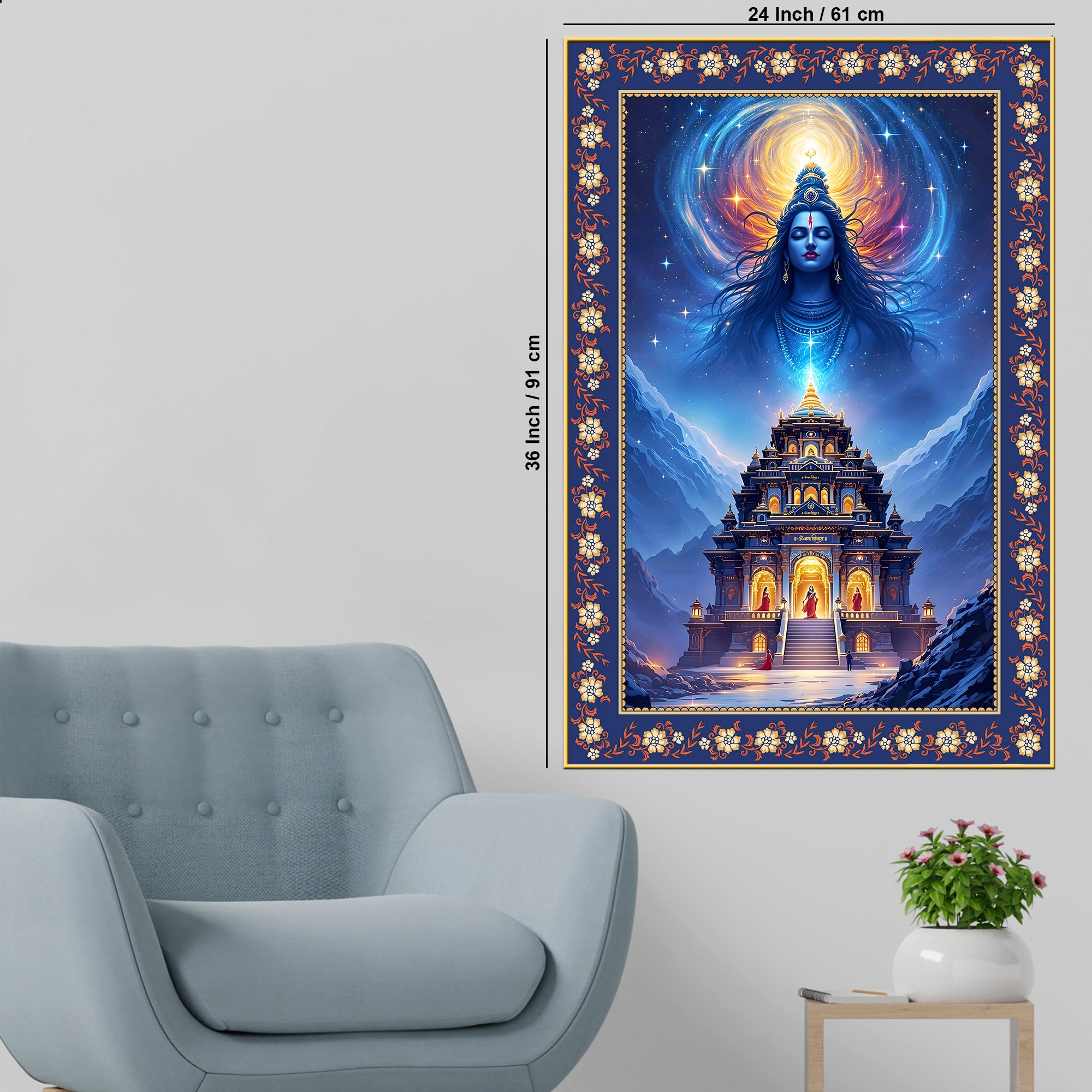 Mystical Himalayan Mandir with Shiva Floral Border Vertical Wall Painting